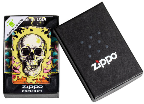 Zippo Trippy Skull Design Glow in the Dark 540 Color Windproof Lighter in its package.