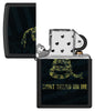 Zippo Don't Tread On Me Snake and Flag Black Matte Windproof Lighter with its lid open and unlit.