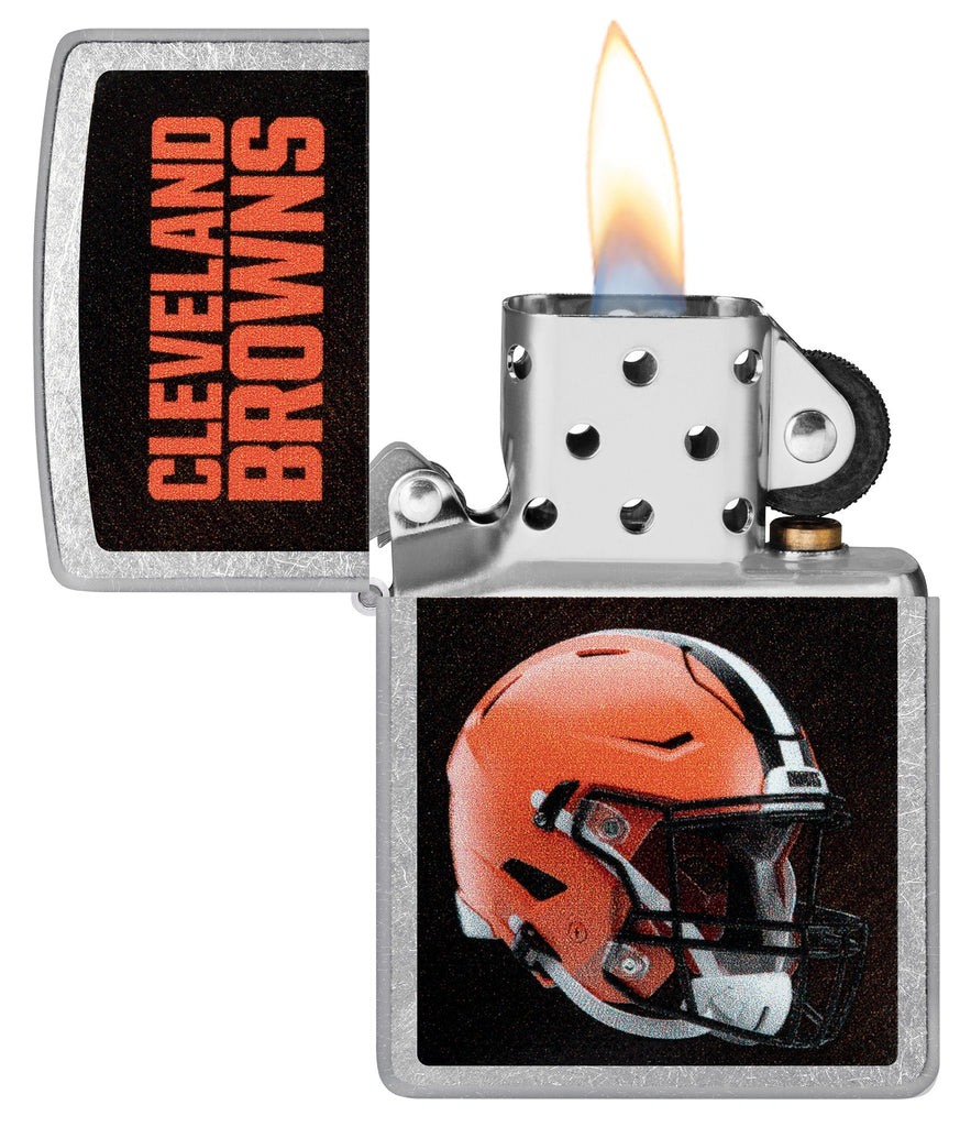 NFL Cleveland Browns Helmet Street Chrome Windproof Lighter with its lid open and lit.