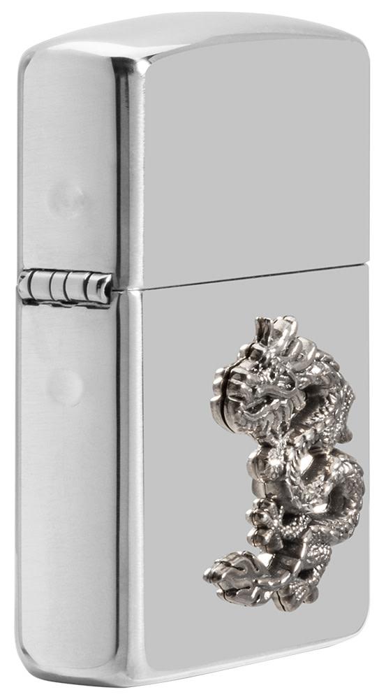 Angled shot of ArmorÂ® Chinese Dragon Sterling Silver Emblem Windproof Lighter showing the dragon emblem attached.