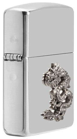Angled shot of Armor® Chinese Dragon Sterling Silver Emblem Windproof Lighter showing the dragon emblem attached.