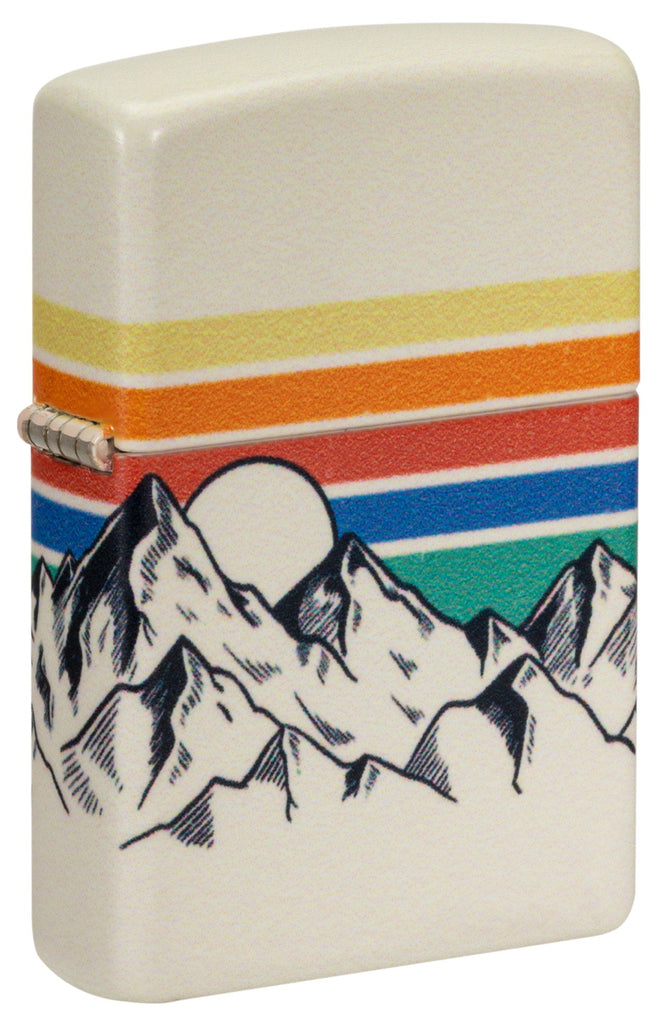 Front shot of Zippo Mountain Design 540 Color Windproof Lighter standing at a 3/4 angle.