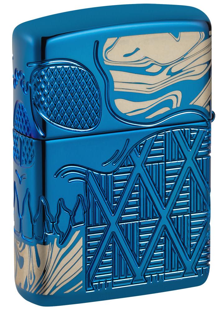 Back view of Skull Design Armor® High Polish Blue Windproof Lighter standing at a 3/4 angle.