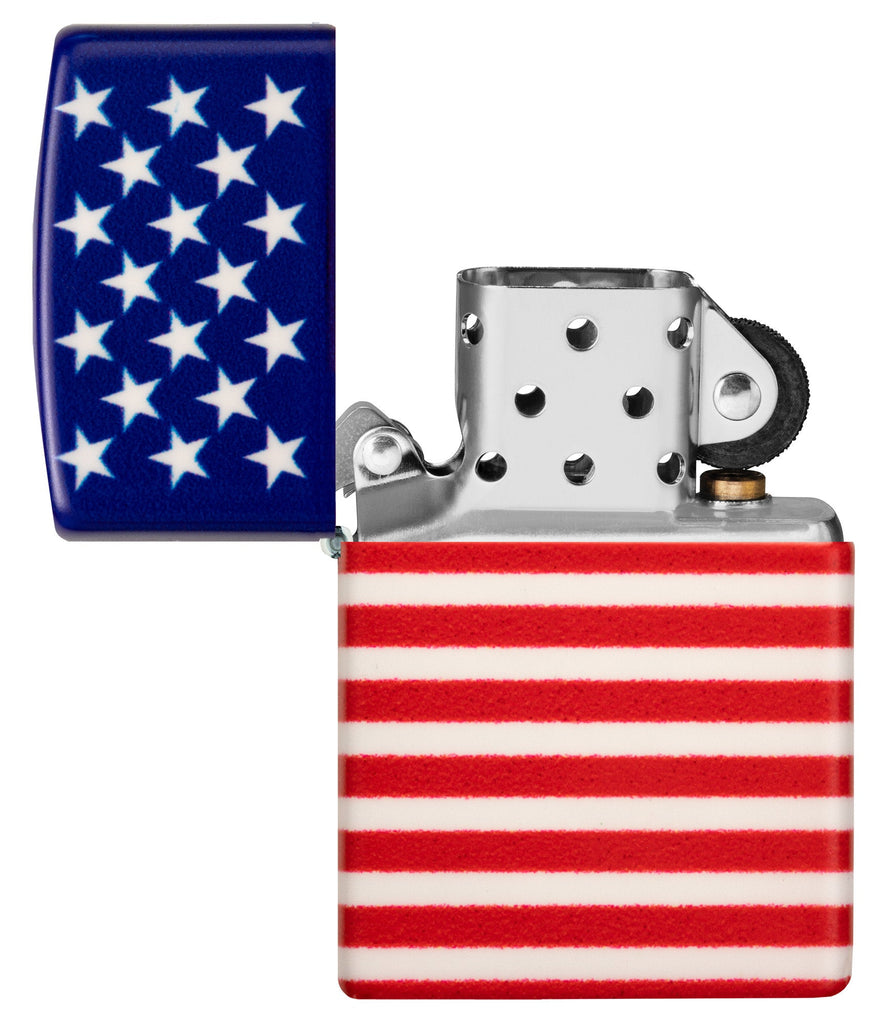 Zippo Stars and Stripes Flag Design 540 Color Matte Windproof Lighter with its lid open and unlit.