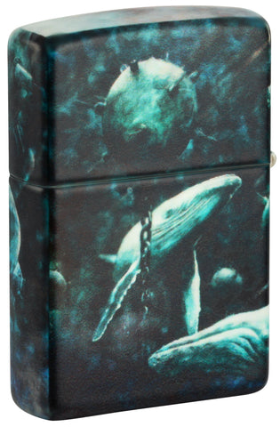 Back shot of Zippo Spazuk Whale Design 540 Color Windproof Lighter standing at a 3/4 angle.