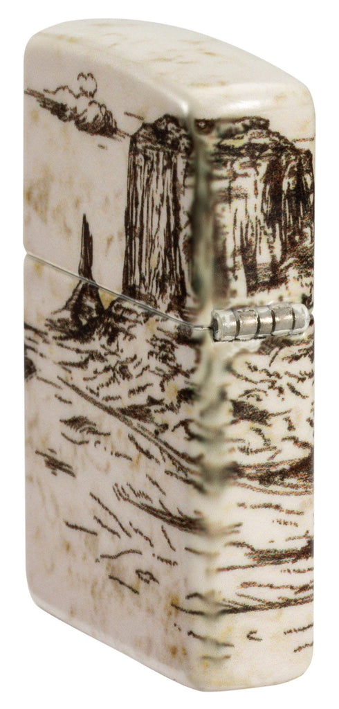 Angled shot of Zippo Wild West Scene Design 540 Color Windproof Lighter  showing the back and hinge side of the lighter.