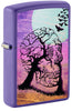 Front shot of Zippo Skull Tree Design Purple Matte Windproof Lighter standing at a 3/4 angle.