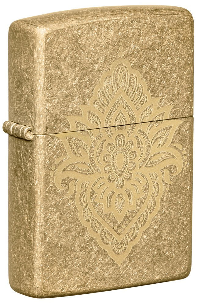 Front shot of Henna Tattoo Design Tumbled Brass Windproof Lighter standing at a 3/4 angle.
