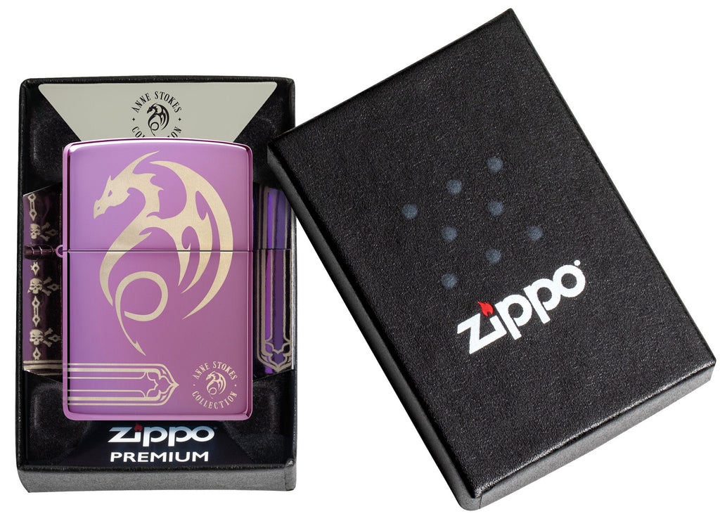 Zippo Anne Stokes Laser 360 High Polish Purple Windproof Lighter in its packaging.