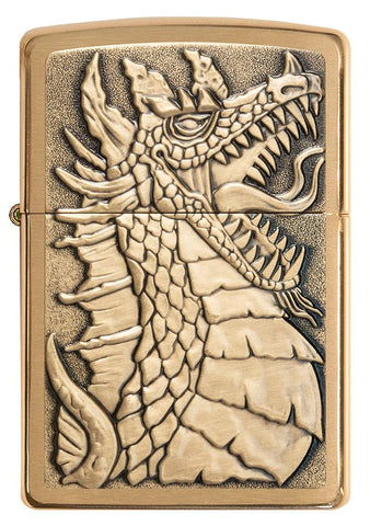 Front of Dragon Emblem Design Brushed Brass Windproof Lighter
