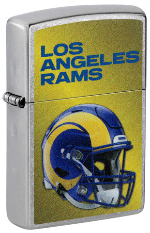 Front shot of Zippo NFL Los Angeles Rams Helmet Street Chrome Windproof Lighter standing at a 3/4 angle.