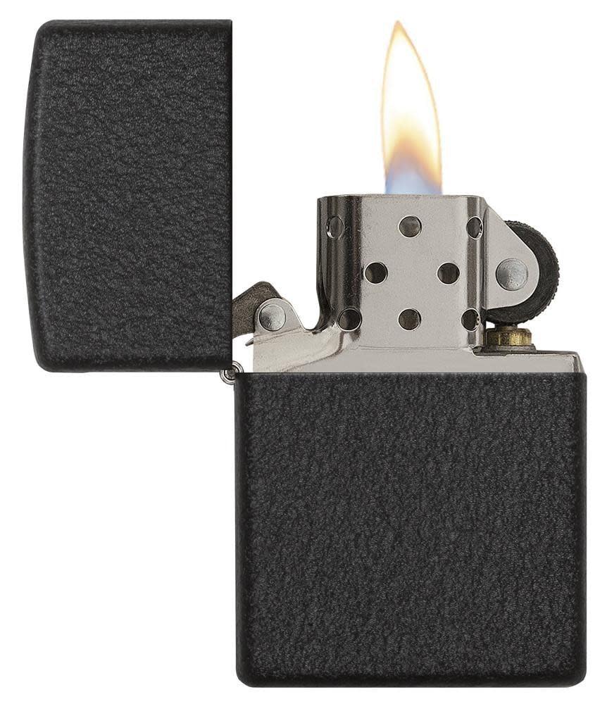 Front view of the Black CrackleÂ® Lighter open and lit 