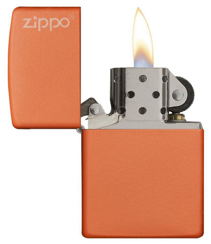 Classic Orange Matte Zippo Logo Windproof Lighter with its lid open and lit