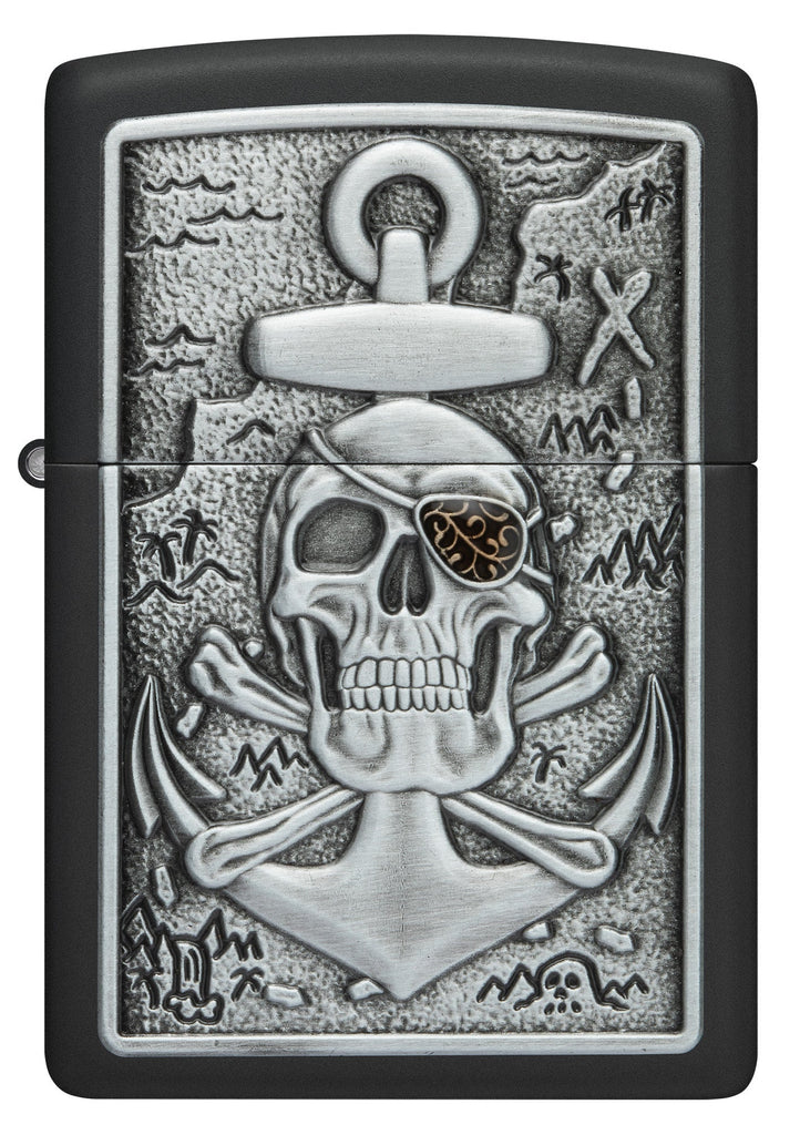 Front shot of Skull Anchor Emblem Design Black Matte Windproof Lighter.