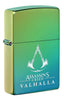 Front shot of Assassin's Creed® Valhalla Logo High Polish Teal Windproof Lighter standing at a 3/4 angle.