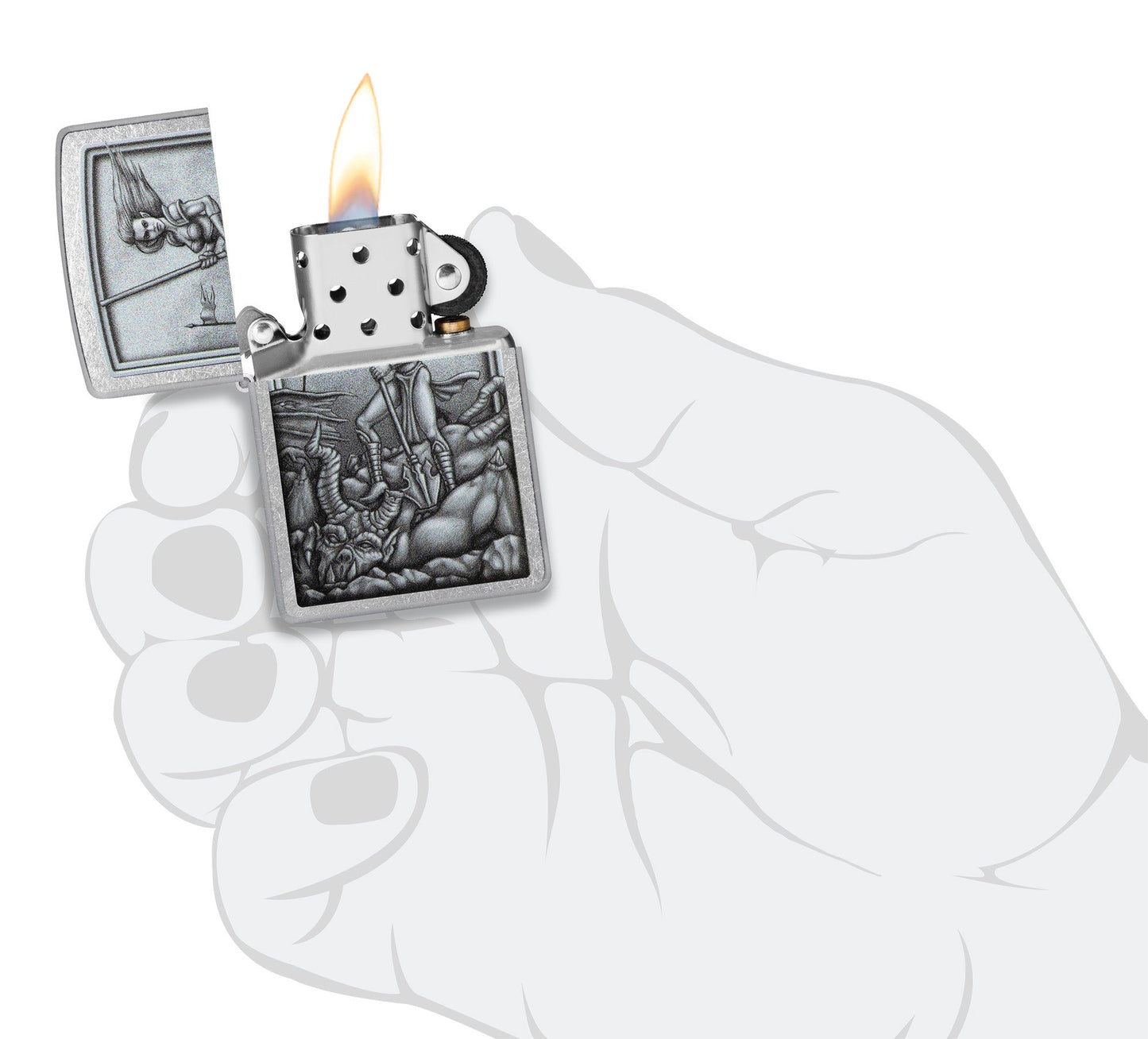 Medieval Woman Warrior Street Chrome Windproof Lighter lit in hand.