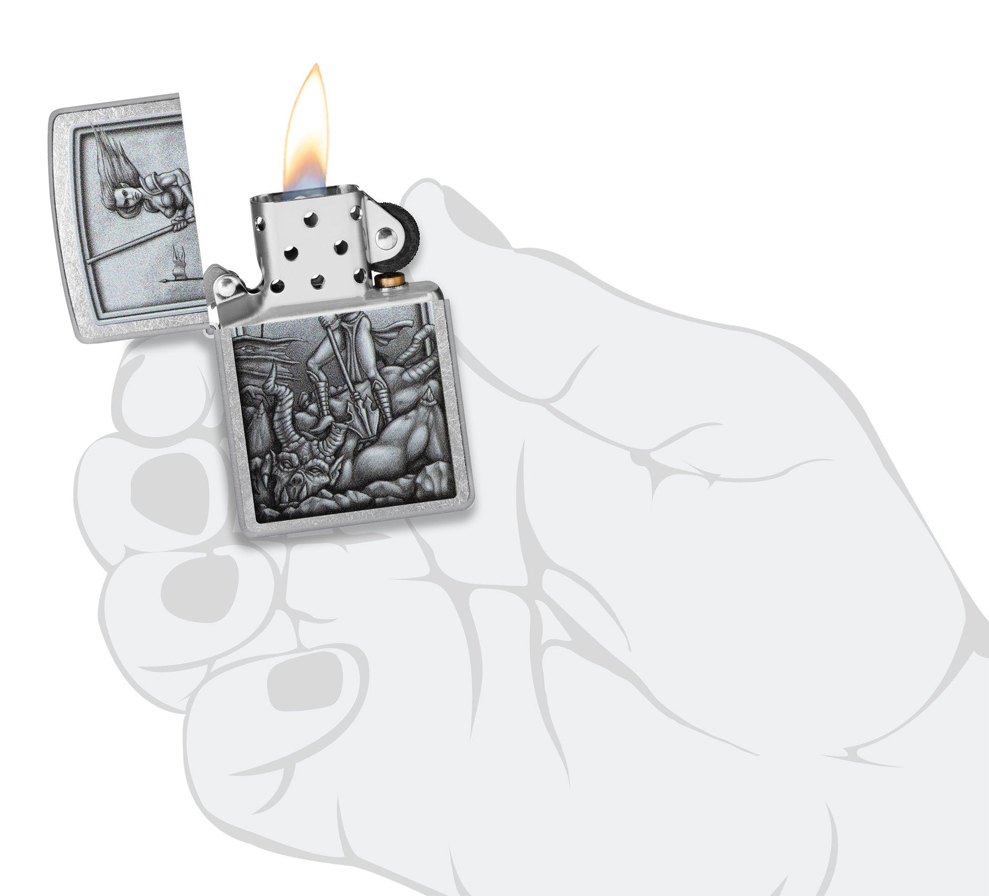 Medieval Woman Warrior Street Chrome Windproof Lighter lit in hand.