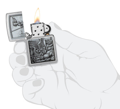 Medieval Woman Warrior Street Chrome Windproof Lighter lit in hand.