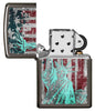 Statue Of Liberty Design Black Ice® Windproof Lighter with its lid open and unlit.