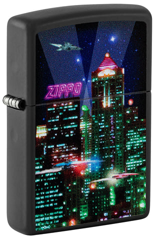 Front shot of Zippo Zippo Cyber City Design Black Matte Windproof Lighter  Lighter standing at a 3/4 angle.