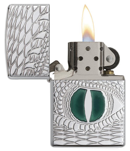 Front view of the Green Dragon Eye, Deep Carve, Epoxy Inlay, High Polish Chrome Lighter open and lit 