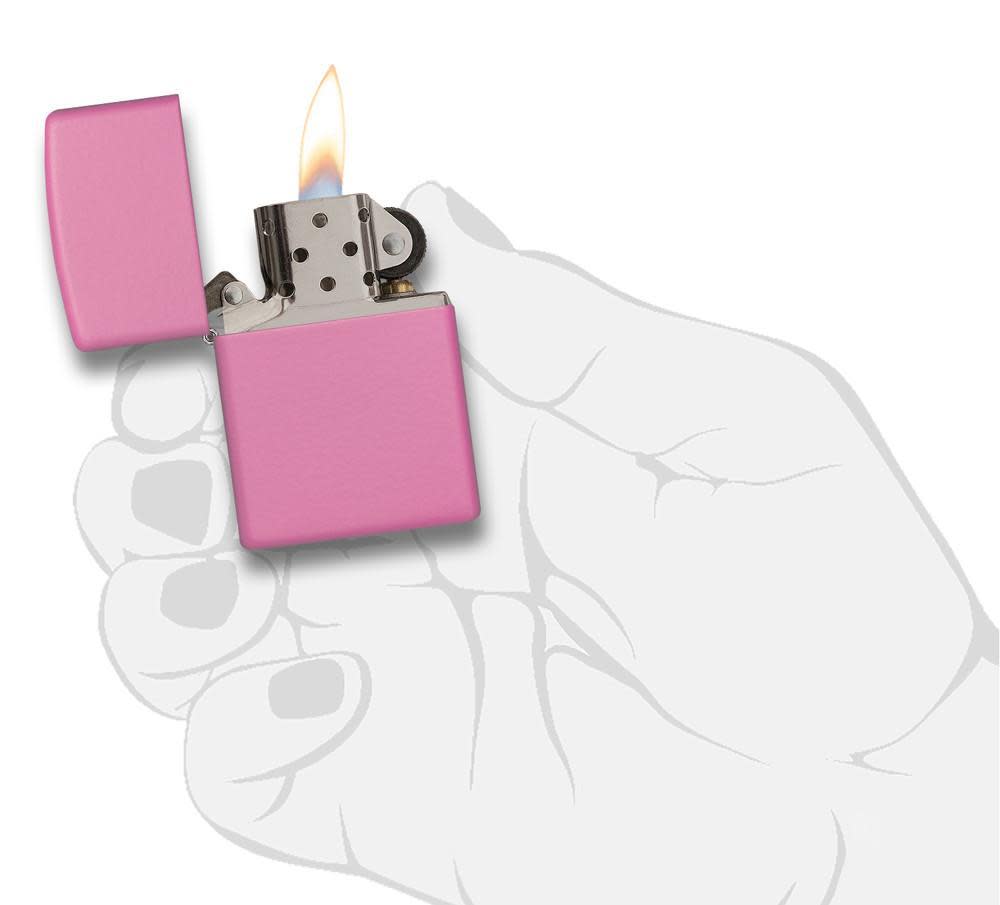 Classic Matte Pink Windproof Lighter lit in hand