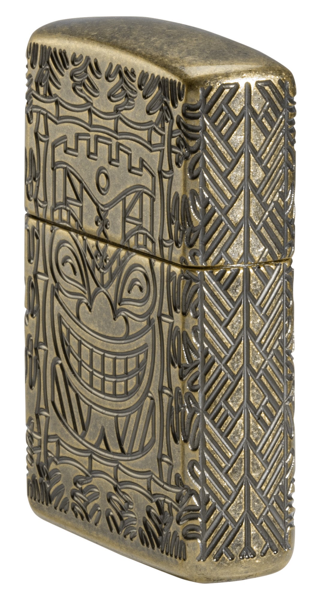 Tiki Design ArmorÂ® Antique Brass Windproof Lighter standing at an angle, showing the front and right side of the lighter.