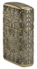 Tiki Design Armor® Antique Brass Windproof Lighter standing at an angle, showing the front and right side of the lighter.