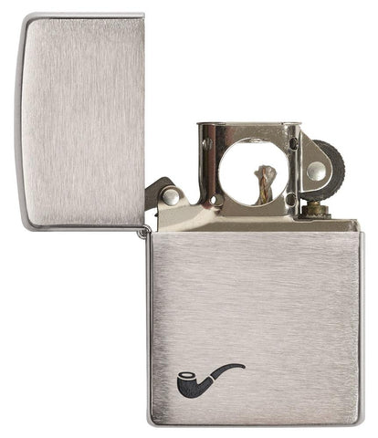 Brushed Chrome Pipe Lighter with Black Pipe Corner Symbol, with its lid open and unlit
