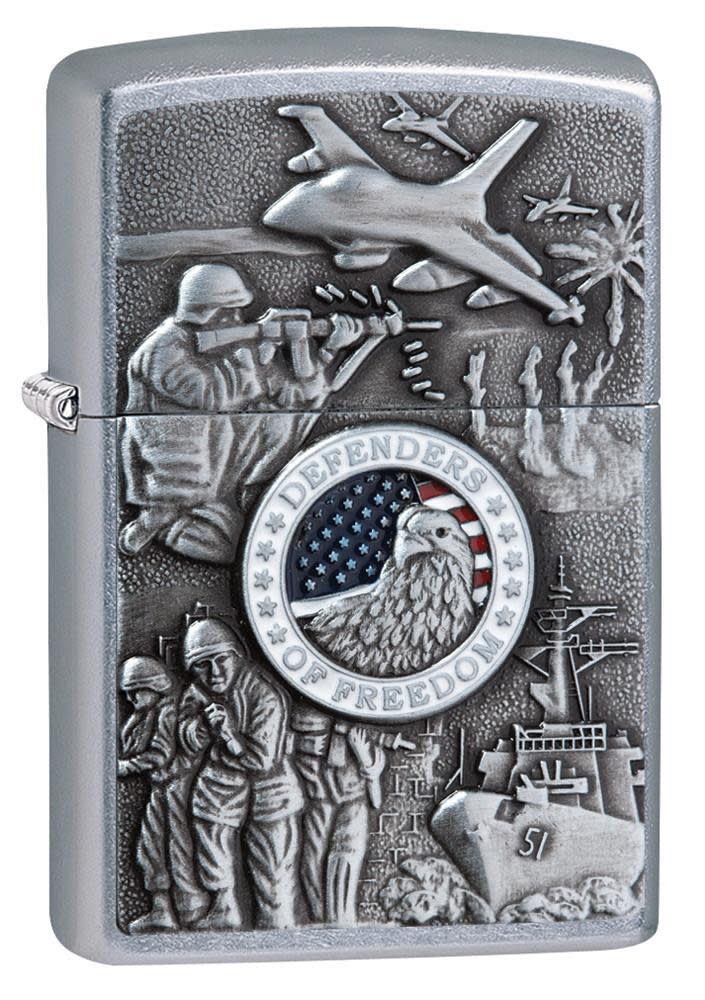 Front shot of United States Military Joined Forces Emblem Design Street Chrome Lighter standing at a 3/4 angle