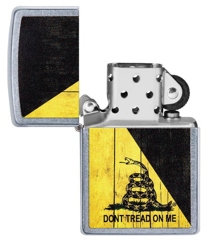 Front view of the Don't Tread on Me Lighter open and unlit