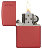 Classic Red Matte Zippo Logo Windproof Lighter with its lid open and lit.