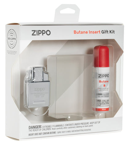 Zippo Butane Insert Gift Set packaging, standing at an angle.