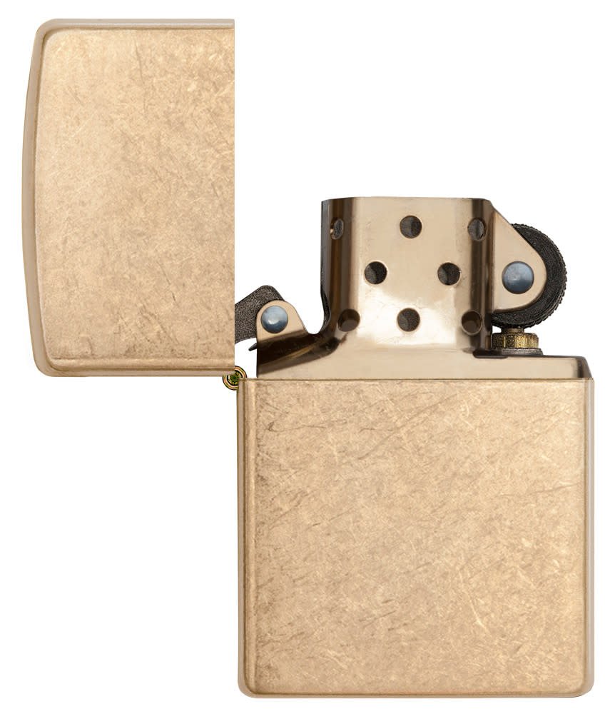 Armor® Tumbled Brass Windproof Lighter with its lid open and unlit.