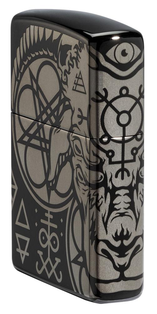 Occult Design High Polish Black Windproof Lighter standing at an angle, showing the front and right side of the lighter.