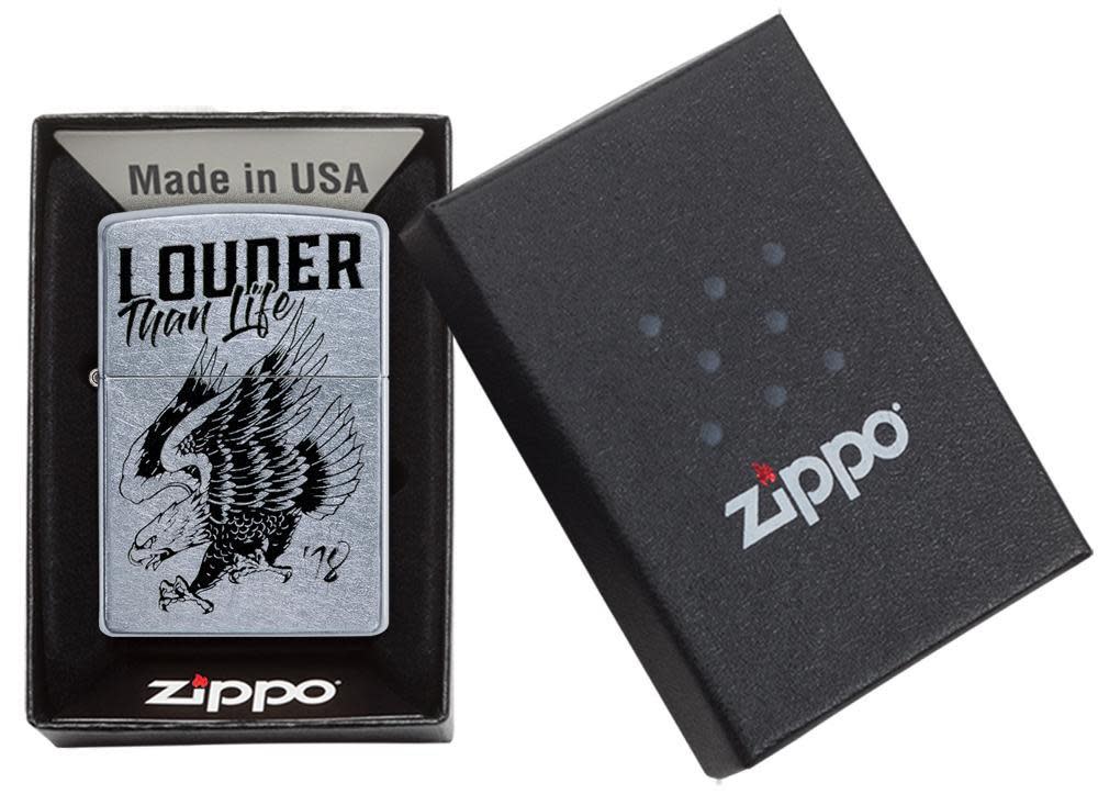 Front view of the Louder Than Life 18 Eagles Dare Lighter in one box packaging