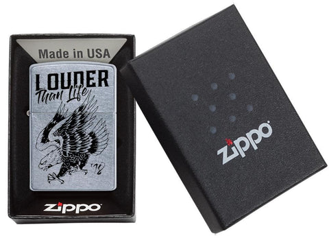 Front view of the Louder Than Life 18 Eagles Dare Lighter in one box packaging