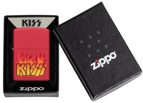 Zippo KISS Design Red Matte Windproof Lighter in its packaging.