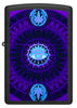 Front view of Zippo Black Light Cannabis Pattern Design Black Matte Windproof Lighter glowing with a black light.