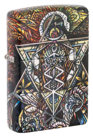 Front shot of Abstract Psychedelia 540 Color Glow-In-The-Dark Windproof Lighter standing at a 3/4 angle