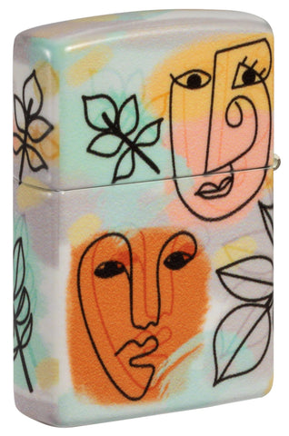 Abstract Faces Design 540 Color Windproof Lighter with its lid open and lit.