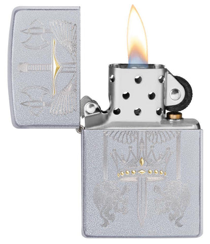 Sword Design Satin Chrome Windproof Lighter with its lid open and lit