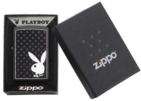 Front view of the White Playboy Bunny on Black Matte Lighter in one box packaging.