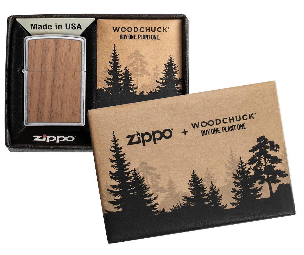WOODCHUCK-USA-Walnut Brushed Chrome windproof lighter in packaging