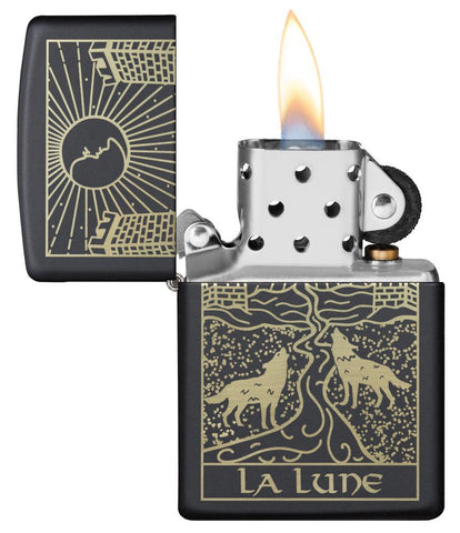 Wolf Tarot Card Design Windproof Lighter open and lit