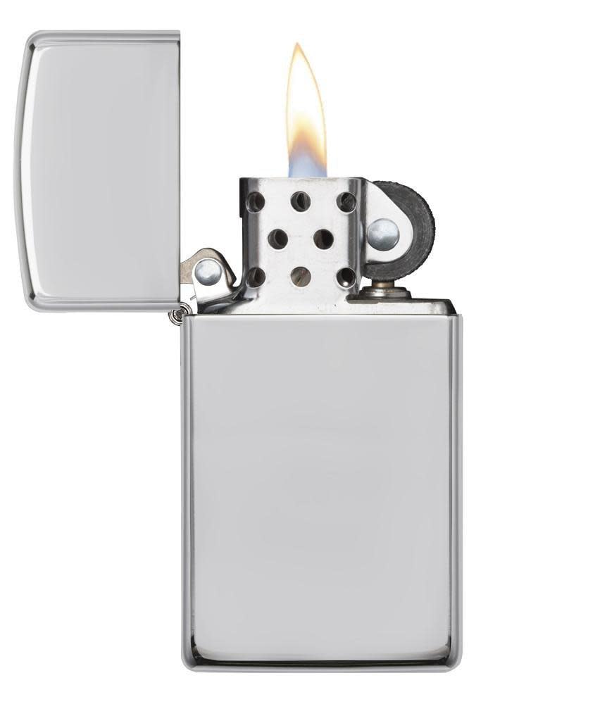 Front view of the Sterling Silver Slim Lighter open and lit