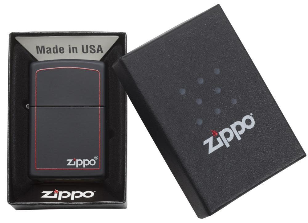 Front view of the Classic Black and Red Zippo Black Matte Lighter in one box packaging