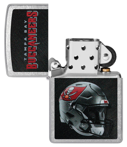 NFL Tampa Bay Buccaneers Helmet Street Chrome Windproof Lighter with its lid open and unlit.
