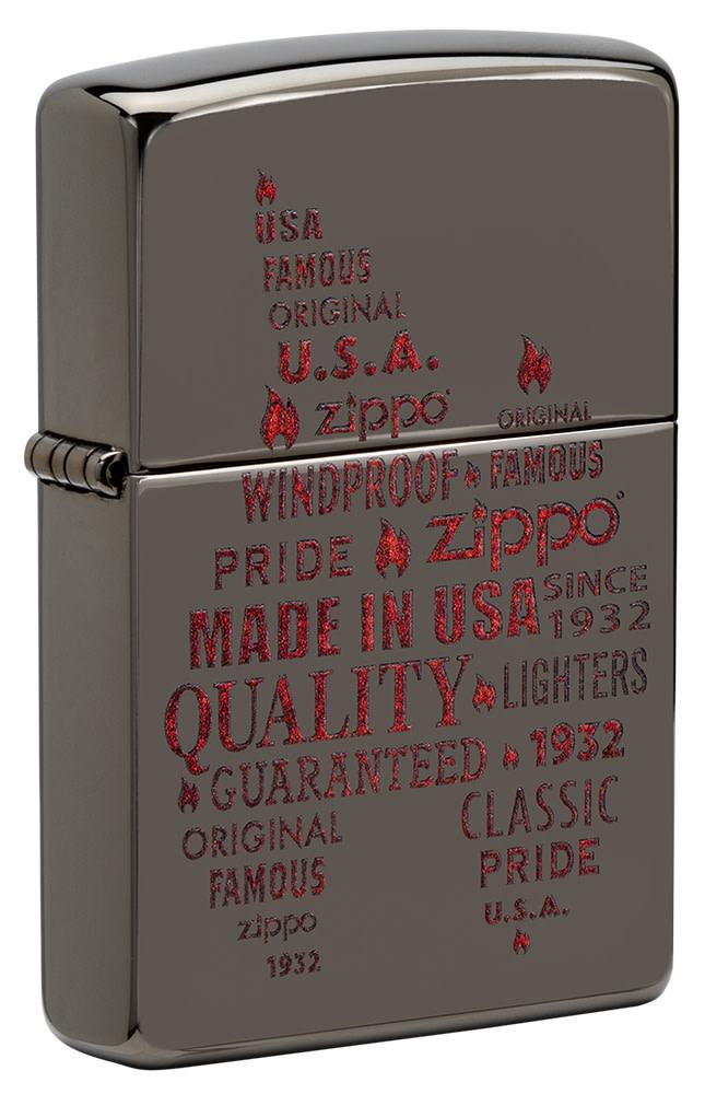 Front shot of Typographic Flame Art Black Ice Windproof Lighter standing at a 3/4 angle