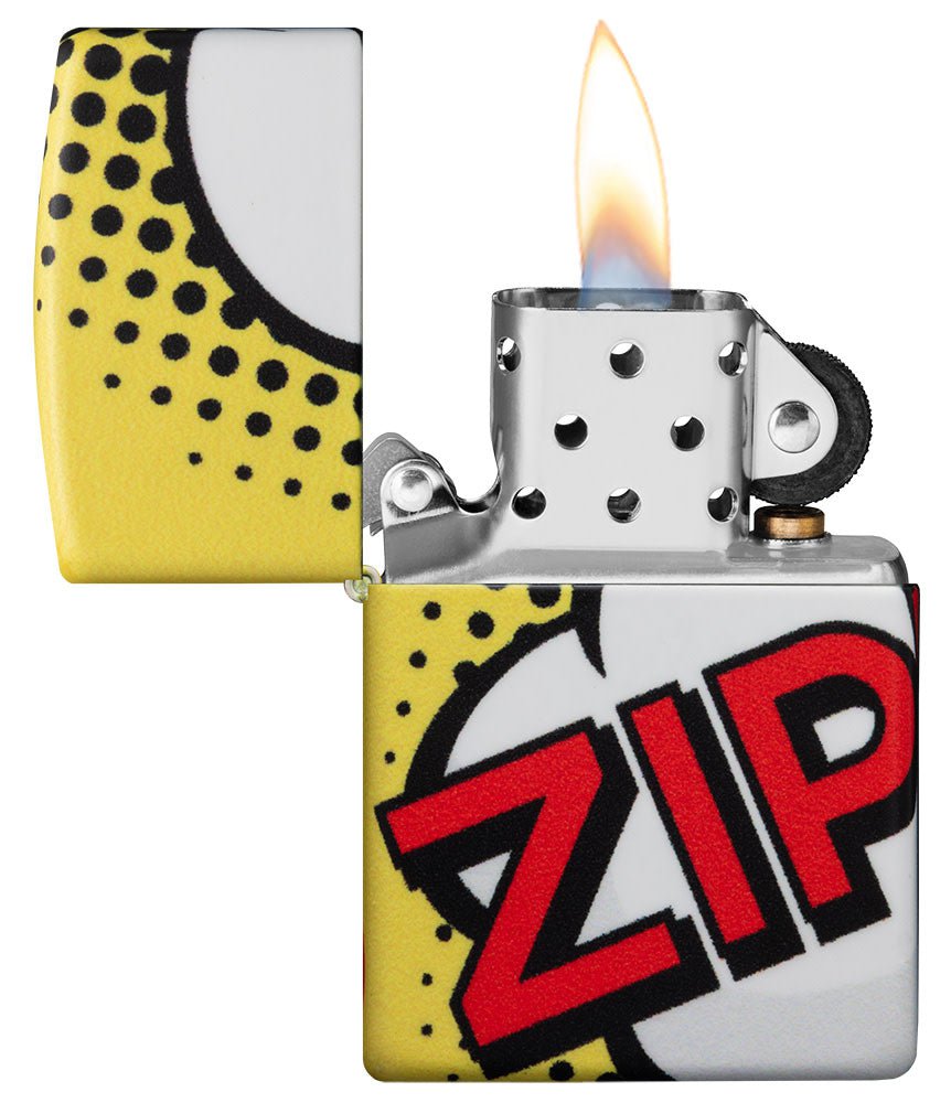 Zippo Pop Art Design 540 Color Windproof Lighter with its lid open and lit